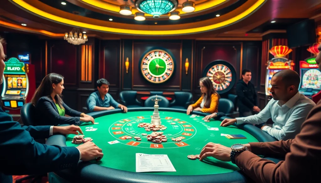 Experience the excitement of top club at a vibrant poker table in a luxurious casino setting.