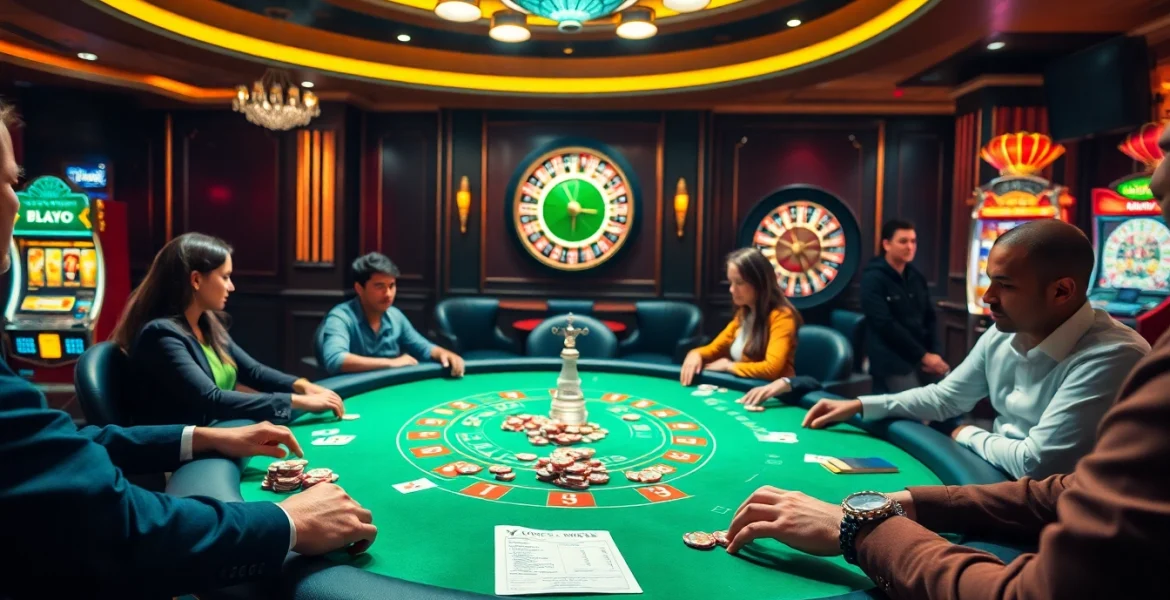Experience the excitement of top club at a vibrant poker table in a luxurious casino setting.