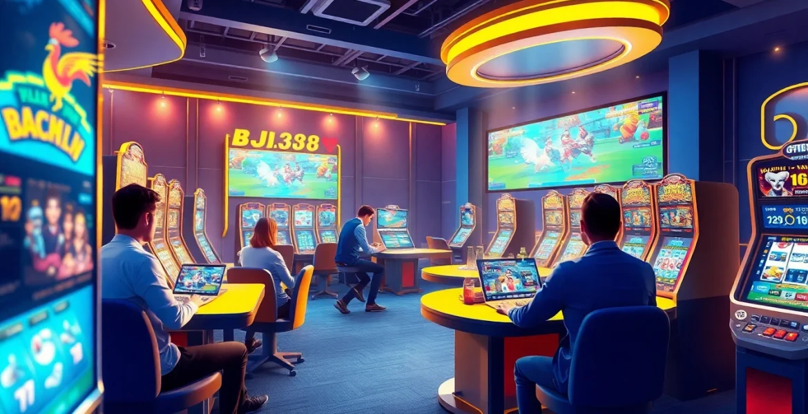 BJ38 showcases an exciting online gaming environment with vibrant 3D graphics and diverse players engaging in thrilling casino games.