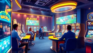 BJ38 showcases an exciting online gaming environment with vibrant 3D graphics and diverse players engaging in thrilling casino games.
