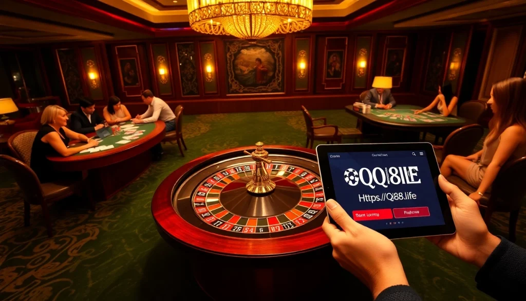 Experience thrilling gameplay at https://qq88.life/ with vibrant casino tables, poker chips, and roulette excitement.