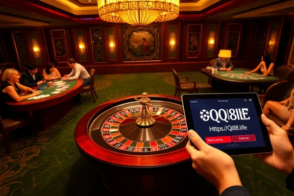 Experience thrilling gameplay at https://qq88.life/ with vibrant casino tables, poker chips, and roulette excitement.