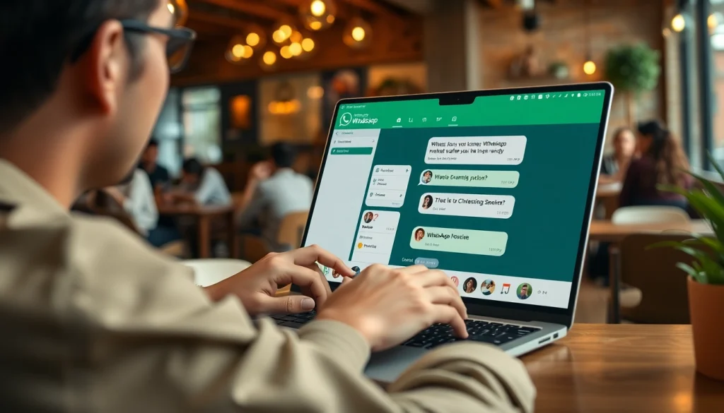 在舒适的咖啡馆中，使用笔记本电脑体验 WhatsApp网页版，享受丰富的聊天功能。