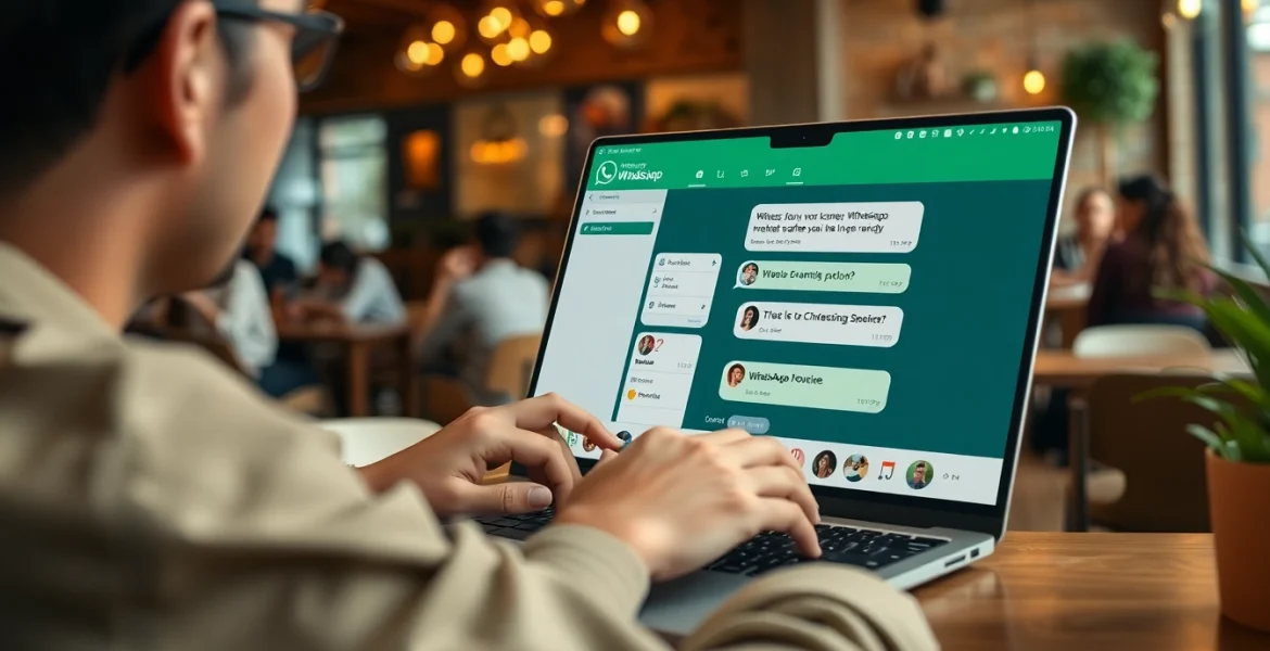 在舒适的咖啡馆中，使用笔记本电脑体验 WhatsApp网页版，享受丰富的聊天功能。