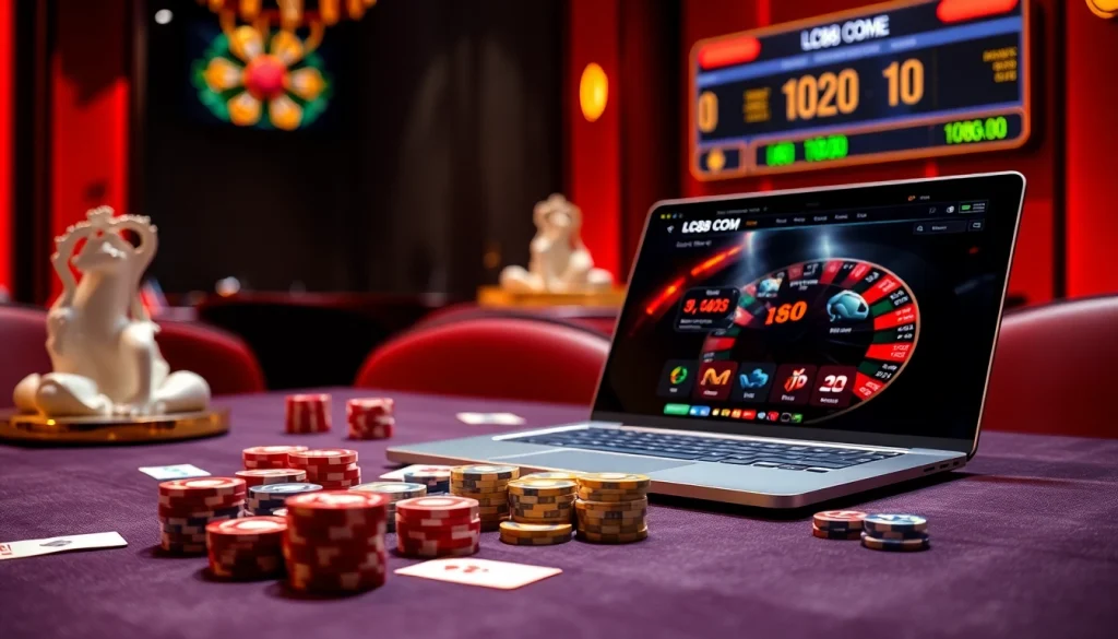 Experience gaming excitement at LC88 COM with a luxurious casino table showcasing poker chips and cards.
