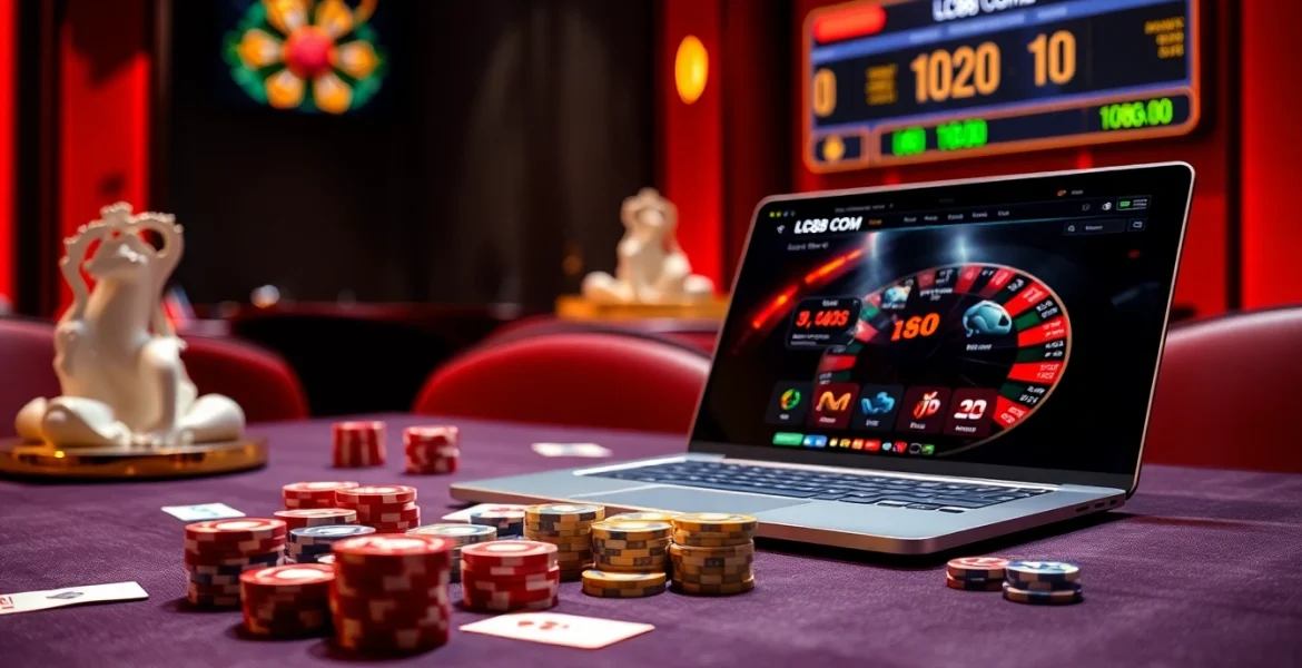 Experience gaming excitement at LC88 COM with a luxurious casino table showcasing poker chips and cards.