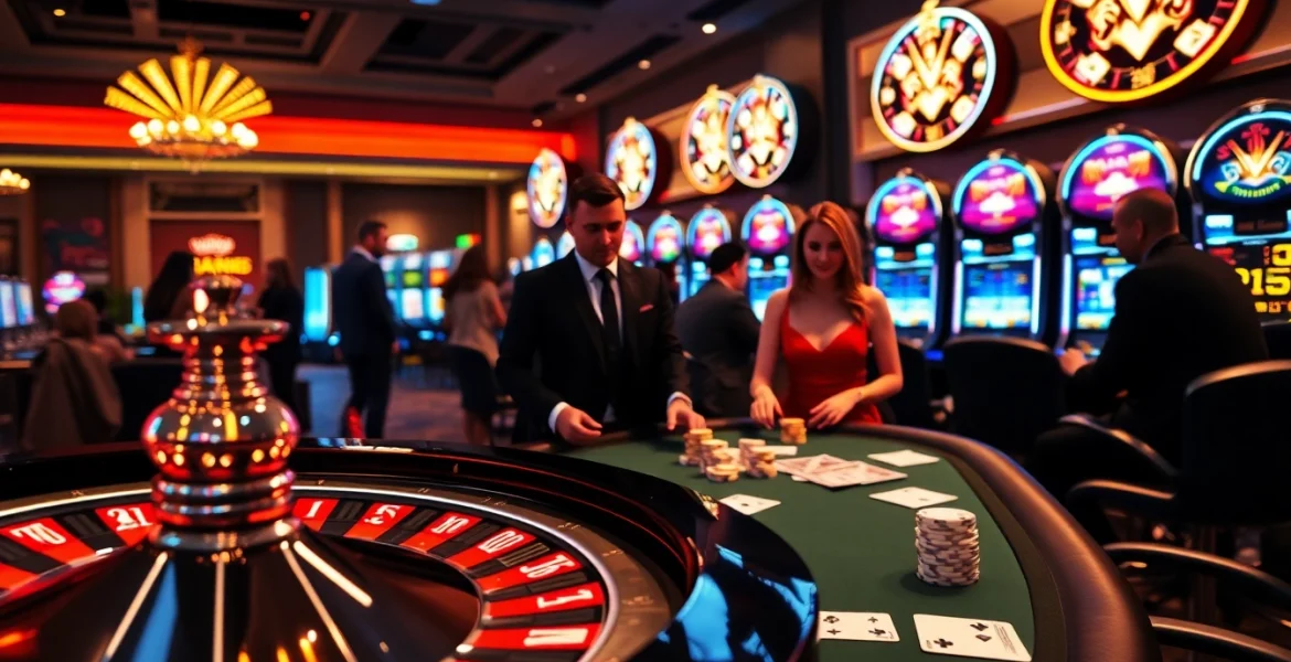 Engaging casino scene showcasing gaming excitement at https://nohu900.gripe/ with roulette and poker.