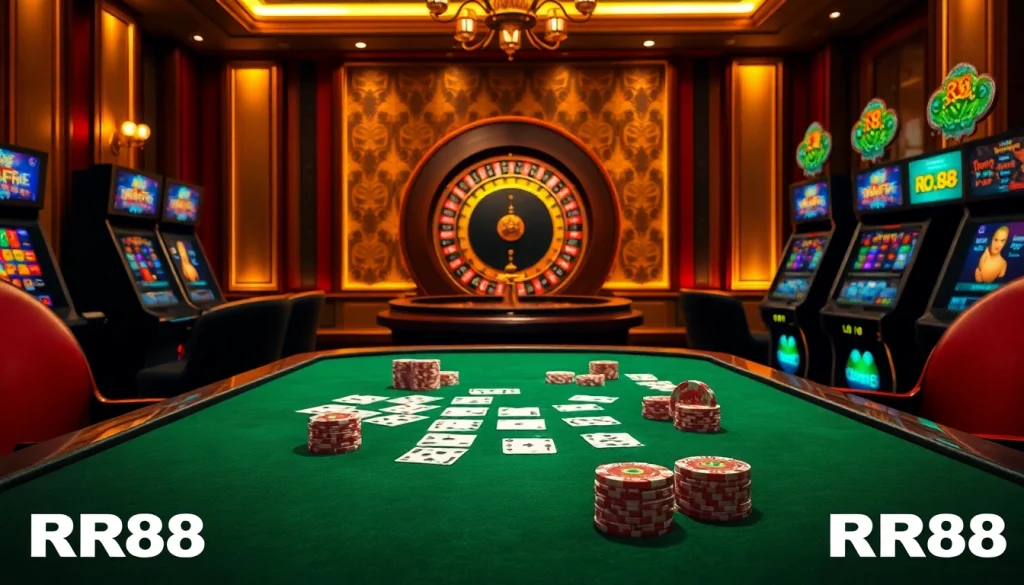 Experience thrilling gambling with RR88 at an upscale casino featuring poker, roulette, and slot machines.