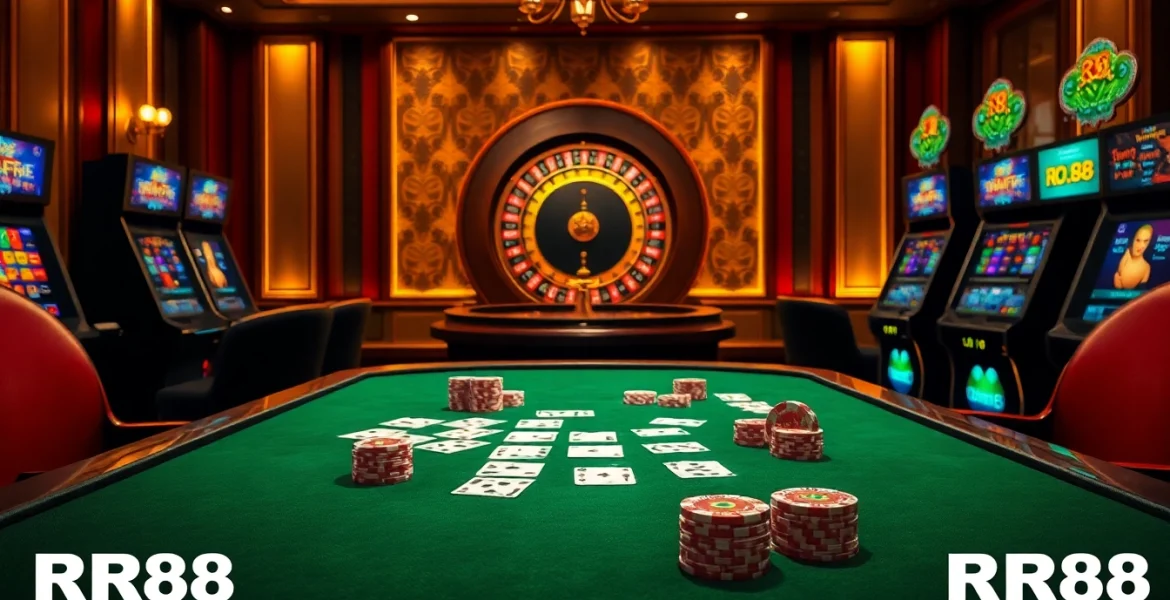 Experience thrilling gambling with RR88 at an upscale casino featuring poker, roulette, and slot machines.