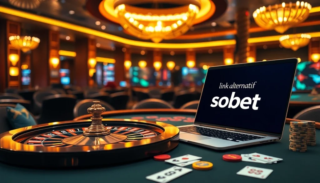 Engaging online gambling scene with link alternatif sbobet displayed on a laptop amidst casino elements.