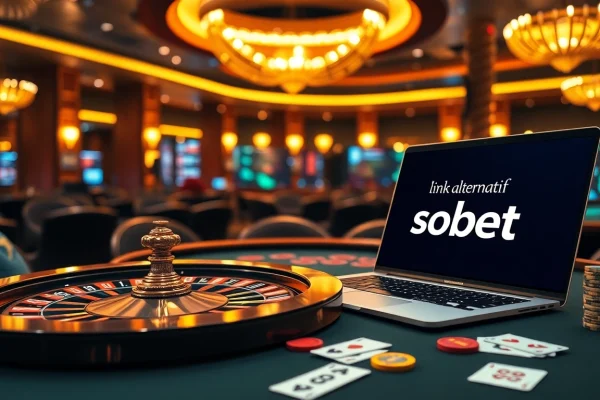 Engaging online gambling scene with link alternatif sbobet displayed on a laptop amidst casino elements.