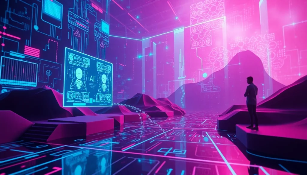 AI nsfw technology abstract digital landscape with lively interfaces.