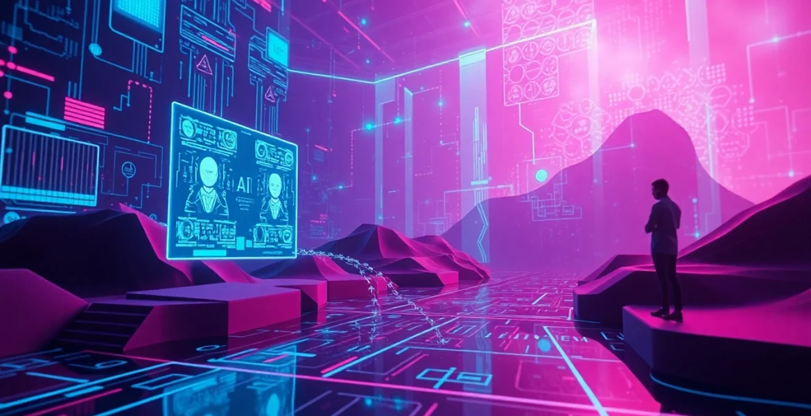 AI nsfw technology abstract digital landscape with lively interfaces.