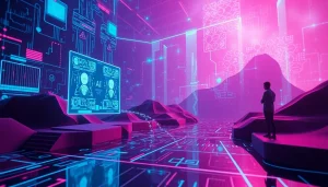 AI nsfw technology abstract digital landscape with lively interfaces.