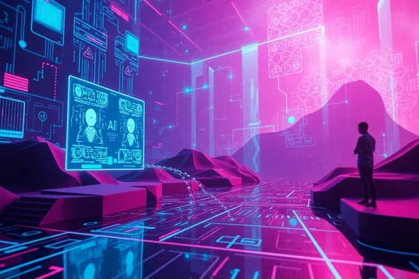 AI nsfw technology abstract digital landscape with lively interfaces.