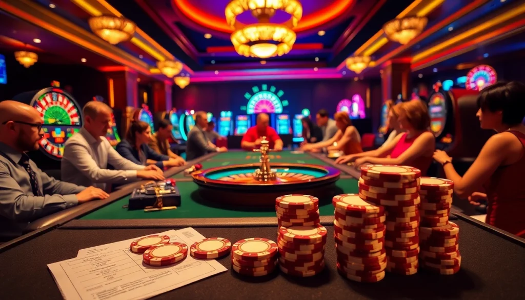 Engaged players enjoying a thrilling game at vaoluoitv's luxurious casino setup, featuring poker chips and roulette.