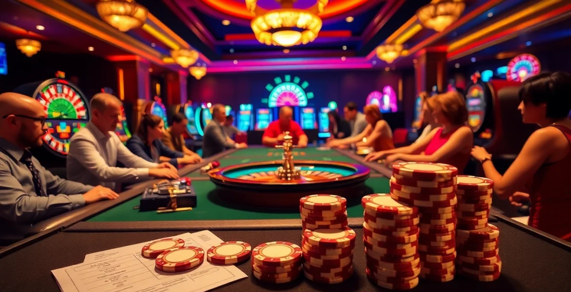 Engaged players enjoying a thrilling game at vaoluoitv's luxurious casino setup, featuring poker chips and roulette.