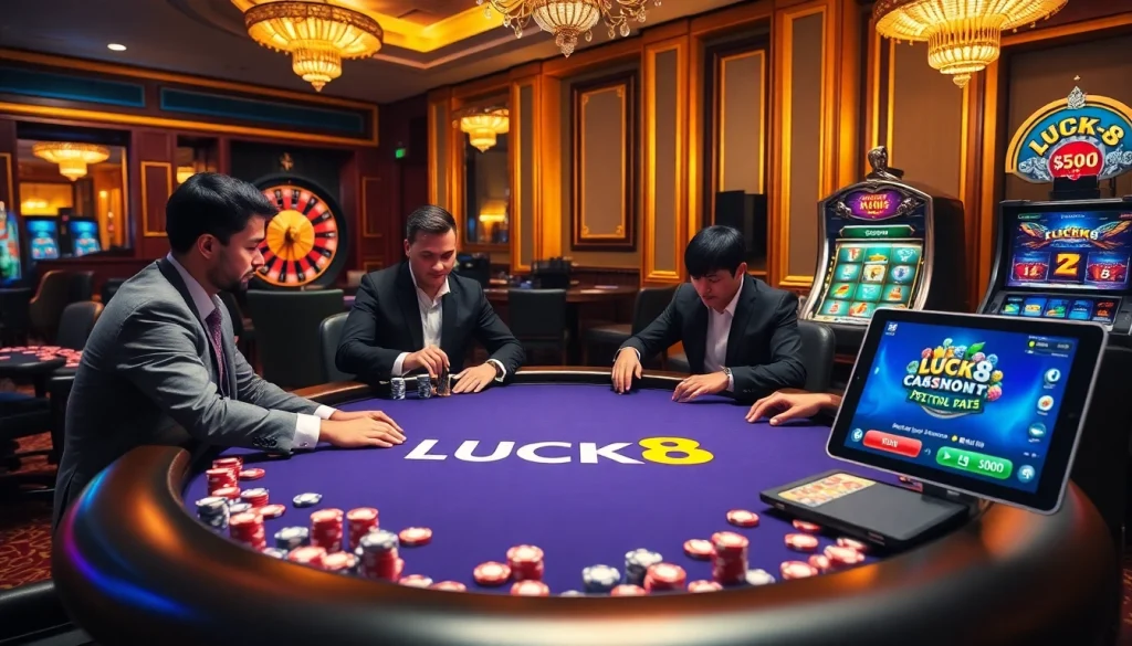 Hoạt động bàn poker tại LUCK8 cùng các người chơi chuyên nghiệp trong một casino sang trọng.