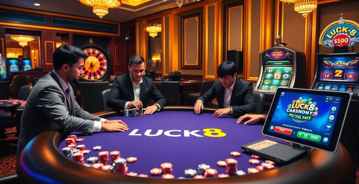 Hoạt động bàn poker tại LUCK8 cùng các người chơi chuyên nghiệp trong một casino sang trọng.