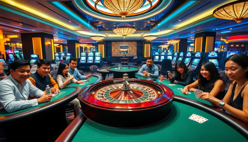 Online gaming excitement at nhà cái tobet88 with players at poker tables and slot machines.