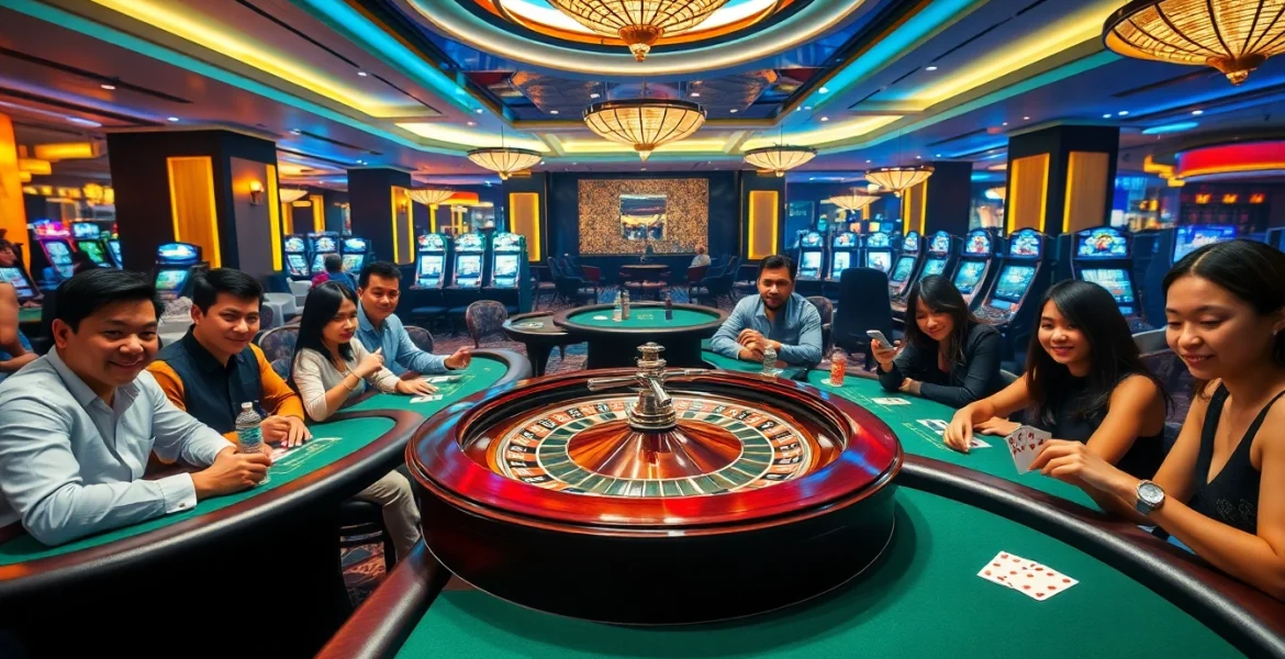 Online gaming excitement at nhà cái tobet88 with players at poker tables and slot machines.