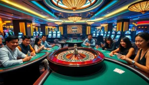 Online gaming excitement at nhà cái tobet88 with players at poker tables and slot machines.