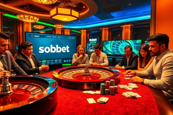Experience the thrill of sbobet link alternatif with vibrant casino visuals interspersed with poker chips and betting slips.