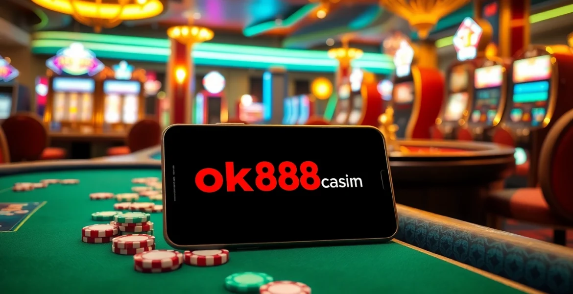 A thrilling casino scene with vibrant gambling elements featuring the online platform https://ok88.tech/ showcased on a sleek smartphone amidst colorful chips and roulette.