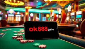 A thrilling casino scene with vibrant gambling elements featuring the online platform https://ok88.tech/ showcased on a sleek smartphone amidst colorful chips and roulette.