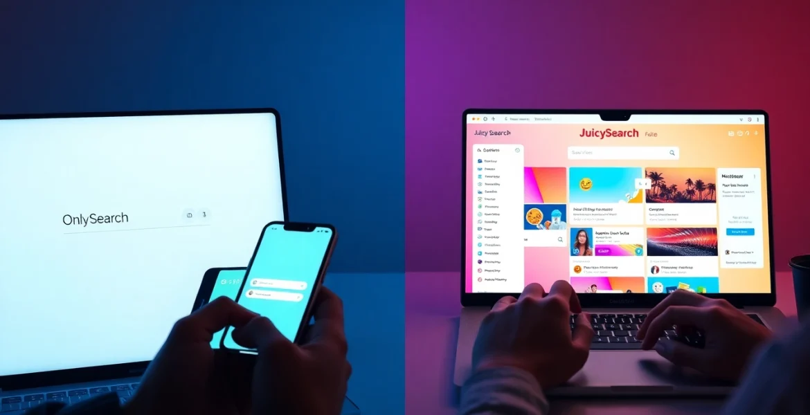 The interface comparison of onlysearch vs juicysearch highlighting design differences in user experience.