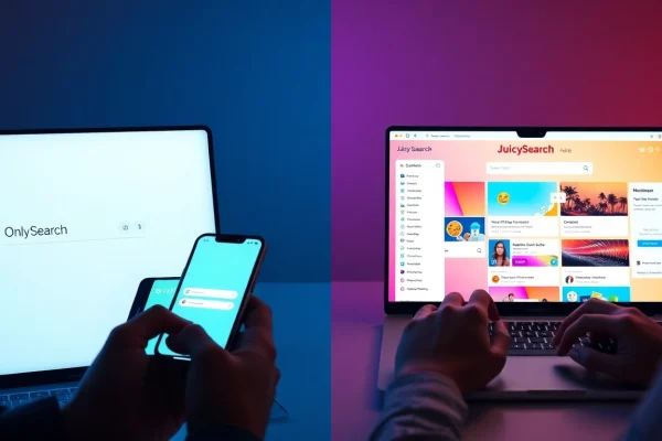 The interface comparison of onlysearch vs juicysearch highlighting design differences in user experience.