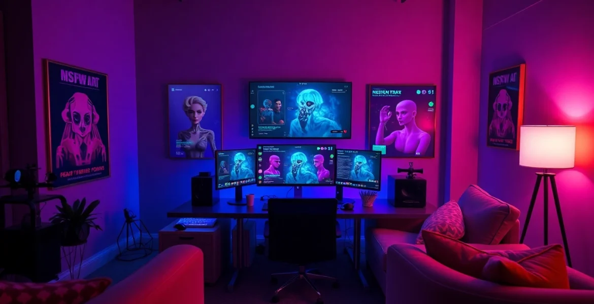 Intriguing digital workspace showcasing NSFW AI content creation with vibrant colors and modern technology.