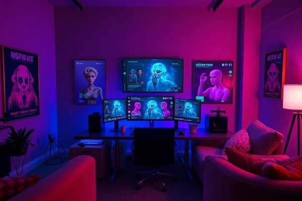 Intriguing digital workspace showcasing NSFW AI content creation with vibrant colors and modern technology.