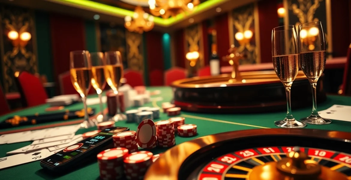 Trải nghiệm cảm giác chiến thắng tại https://luck8.com với cảnh casino sang trọng có các chip poker và bánh xe roulette.