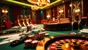 Trải nghiệm cảm giác chiến thắng tại https://luck8.com với cảnh casino sang trọng có các chip poker và bánh xe roulette.
