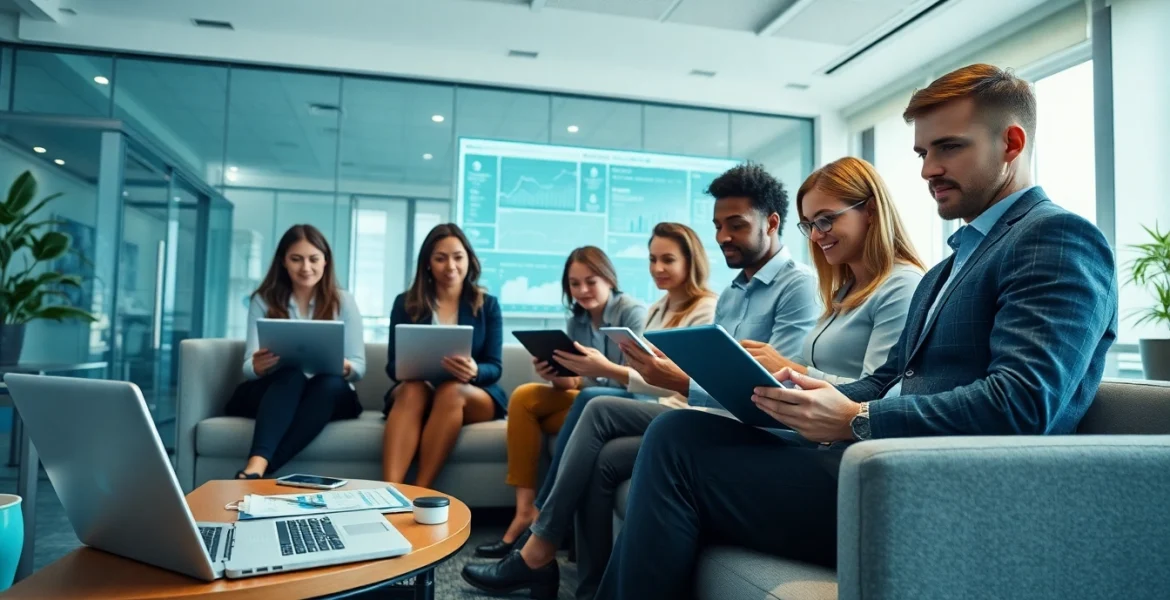 展示 wps官网的创新工作空间、现代办公工具和多元化专业人士的协作场景。