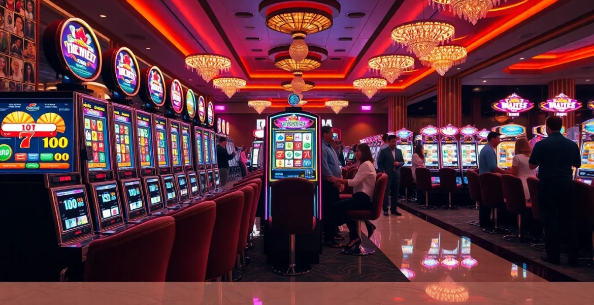 Rasakan sensasi taruhan slot 100 di mesin slot kasino mewah dengan tampilan yang penuh warna.