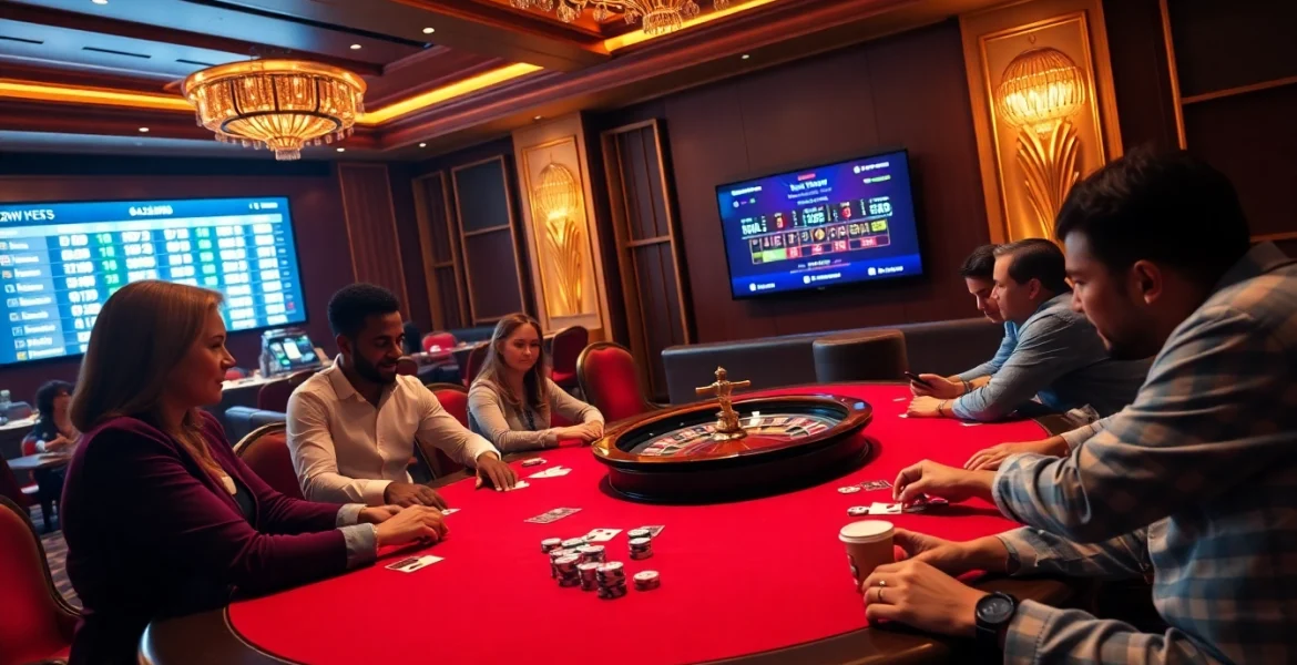 Players engage in high-stakes poker at https://32win.capital, surrounded by vibrant casino elements.