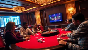 Players engage in high-stakes poker at https://32win.capital, surrounded by vibrant casino elements.
