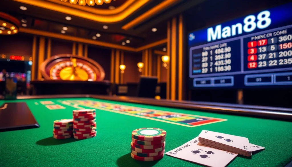 Experience an exciting game at Man88 casino with vibrant tables and poker chips.