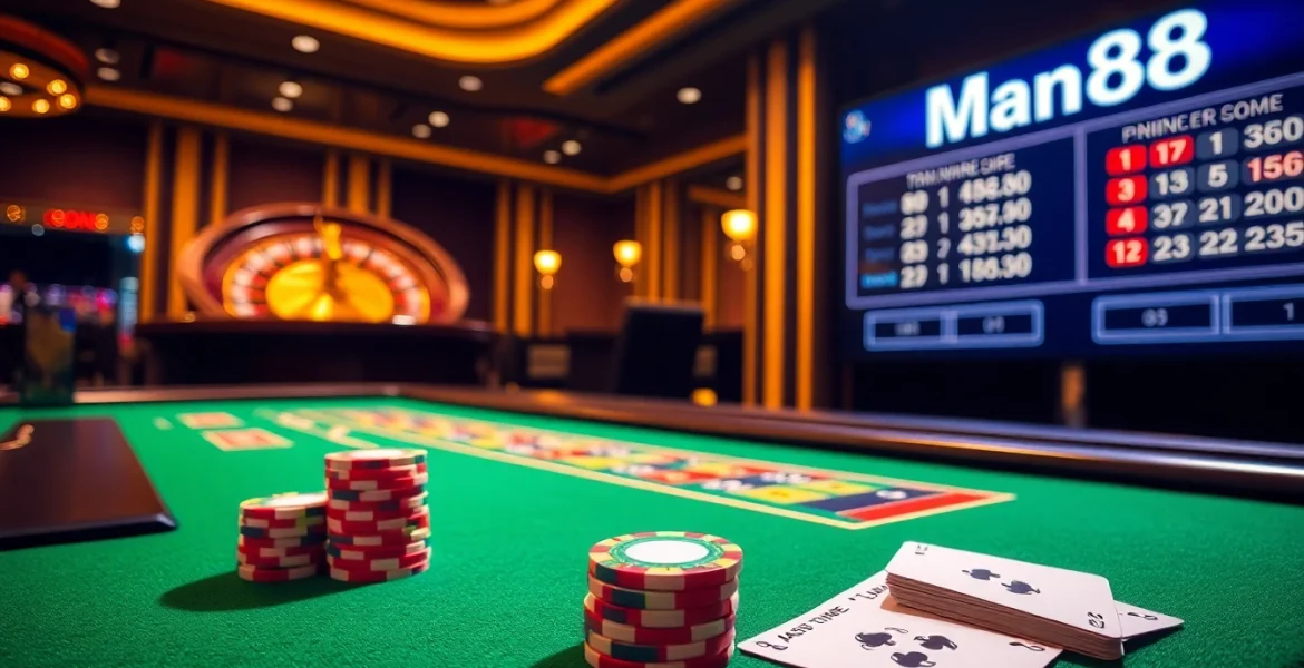 Experience an exciting game at Man88 casino with vibrant tables and poker chips.