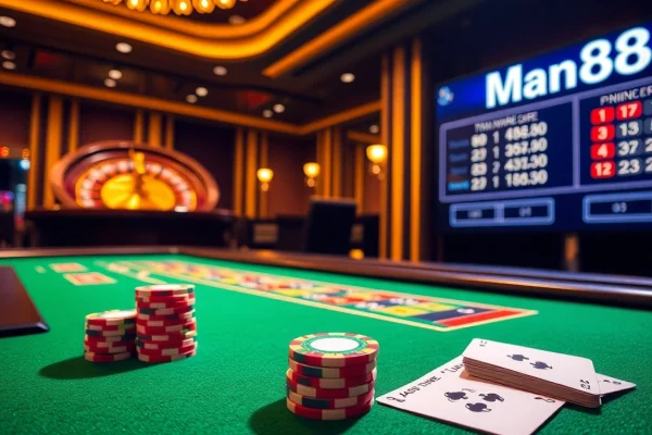Experience an exciting game at Man88 casino with vibrant tables and poker chips.