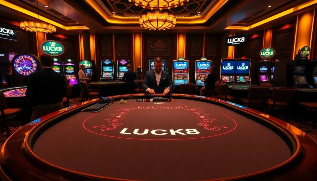 Cảnh chơi đầy hấp dẫn có thương hiệu LUCK8 và LUCKY8 trên bàn casino.