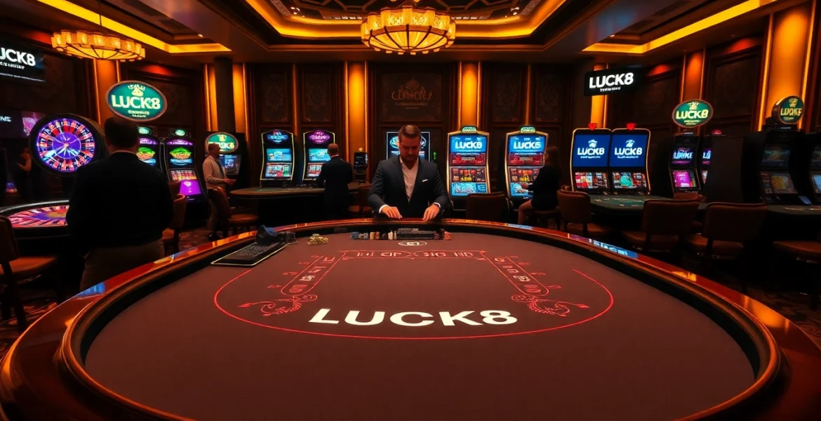 Cảnh chơi đầy hấp dẫn có thương hiệu LUCK8 và LUCKY8 trên bàn casino.