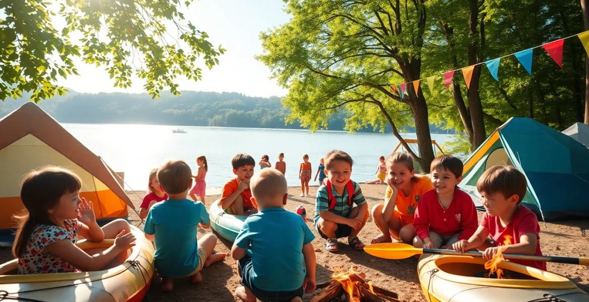 Children enjoying activities at Holiday camps surrounded by nature and bright colors.