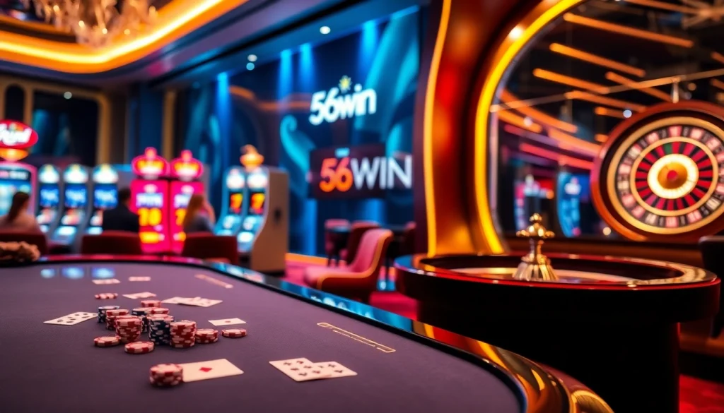 Players enjoying baccarat at Nhà Cái 56WIN, showcasing excitement and luxury in a vibrant casino setting.