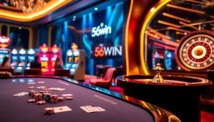 Players enjoying baccarat at Nhà Cái 56WIN, showcasing excitement and luxury in a vibrant casino setting.