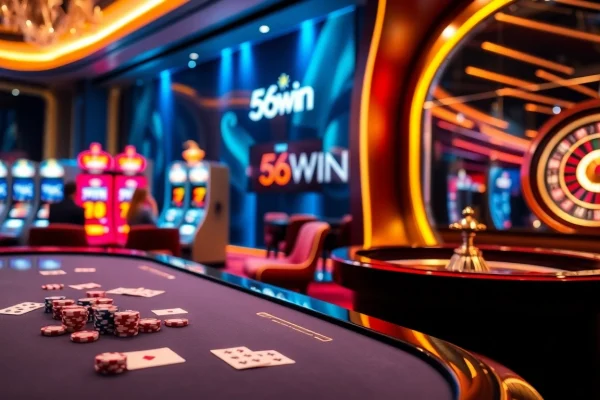 Players enjoying baccarat at Nhà Cái 56WIN, showcasing excitement and luxury in a vibrant casino setting.