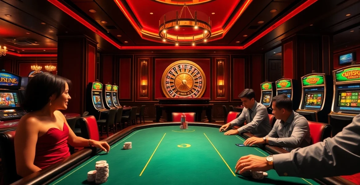 Engage with luck8 branded casino atmosphere featuring poker tables, roulette wheels, and vibrant slot machines.