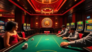 Engage with luck8 branded casino atmosphere featuring poker tables, roulette wheels, and vibrant slot machines.